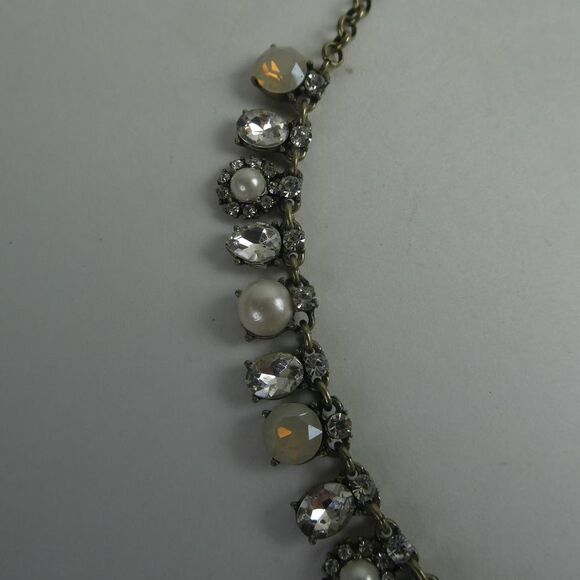 LOFT Silver Tone Rhinestone Faux Pearl Dangle Bib Statement Necklace Chain 18.5" - Picture 2 of 9